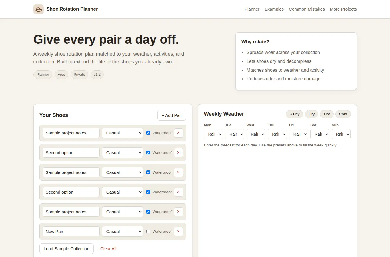 Screenshot of Shoe Rotation Schedule Builder interface showing the project page in use